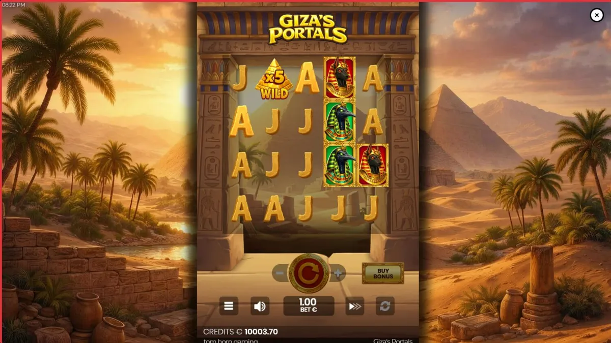 Giza’s Portals slot machine interface featuring Egyptian gods and pyramids.
