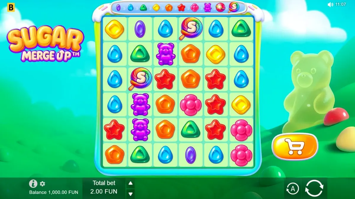 Sugar Merge Up স্লট গেমের রঙিন ক্যান্ডি থিম এবং ইন্টারফেস
